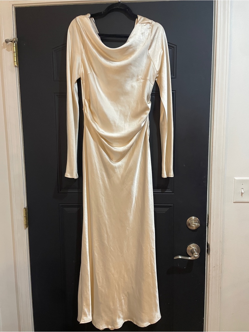 Selfie Leslie Ivory Satin Long Sleeve Cowl Neck Dress